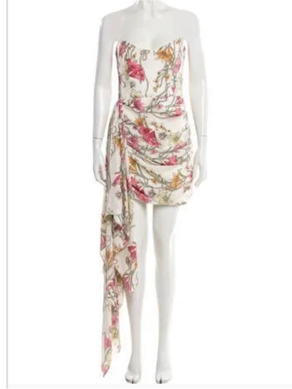 Katie May Strapless Floral Draped Mini Dress in Cream, Pink and Gold